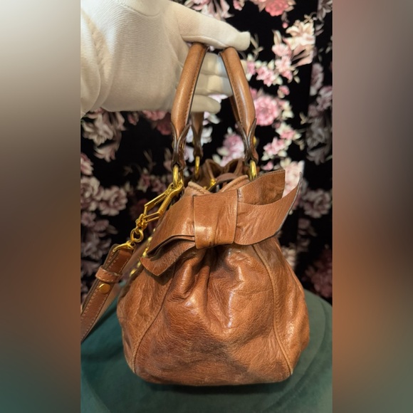 AUTHENTIC Miu Miu Side Ribbon 2 Way Warm Brown Leather Gold Tone Hardware Bag - Picture 10 of 16